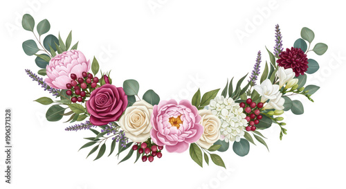 Beautiful floral garland with roses, peonies, hydrangeas, and eucalyptus leaves, perfect for wedding invitations and elegant designs.