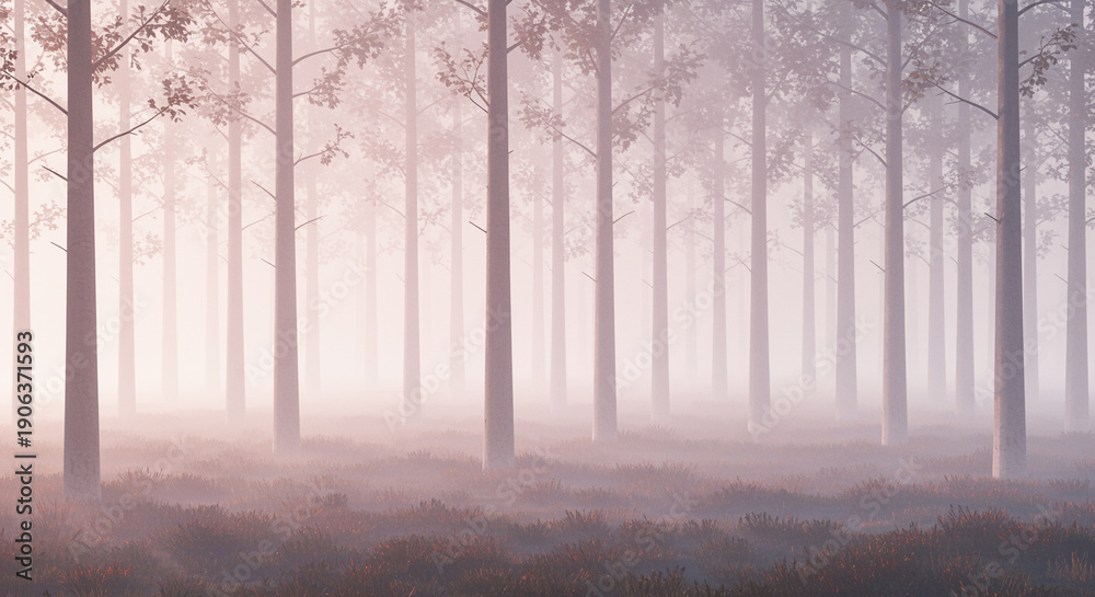 Obraz premium International Day of Forests serene misty woodland landscape with tall trees in morning fog symbolizing ecosystem preservation, biodiversity protection and nature harmony