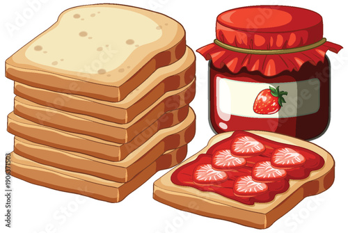 Stack of Sliced White Bread with Strawberry Jam Jar and Toast