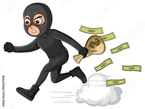 Cartoon Thief Running With Money Bag and Flying Cash