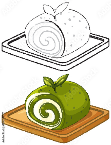 Matcha Green Tea Swiss Roll Cake Vector Illustration and Line Art