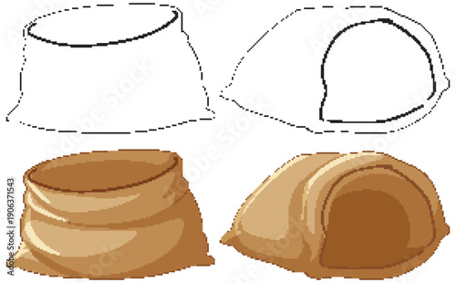 Empty Burlap Sacks in Line Art and Color Vector Illustration