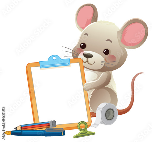 Cute Cartoon Mouse Holding a Blank Clipboard with School Supplies