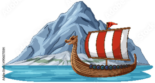 Viking Longship Sailing on Water with Mountain Background Vector Illustration