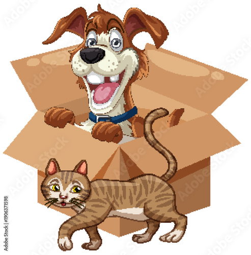 Cartoon Dog in Cardboard Box with Tabby Cat Walking Nearby