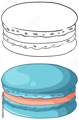 Blue Macaron Dessert Vector Illustration with Black and White Line Art
