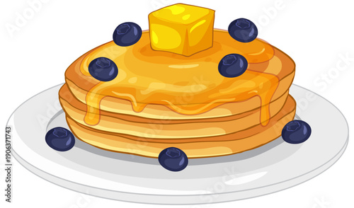 Stack of Pancakes with Syrup Blueberries and Butter on a Plate