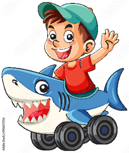Smiling Boy Riding Shark-Shaped Toy Car