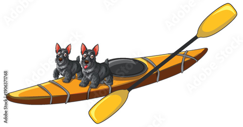 Two Scottish Terrier Dogs Sitting on a Yellow Kayak with Paddle