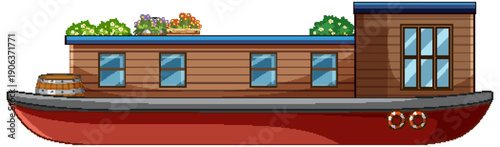 Wooden Houseboat with Rooftop Garden and Red Hull Side View