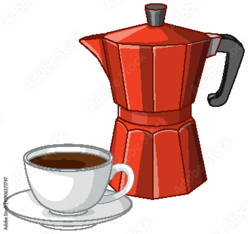 Red Moka Pot and White Cup of Black Coffee Vector Illustration