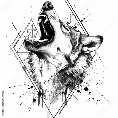 Dramatic ink drawing of a howling wolf with geometric elements