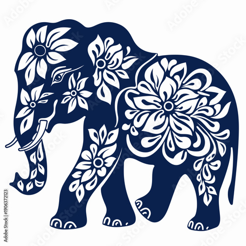 Elegant floral elephant vector illustration in deep blue and white isolated