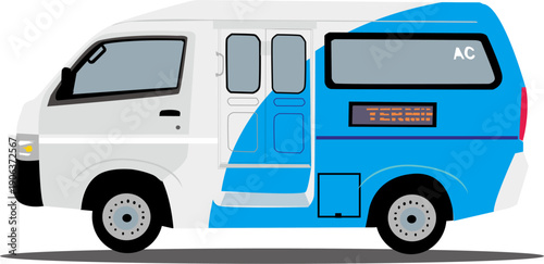 Vector illustration of a white and blue public transportation minibus