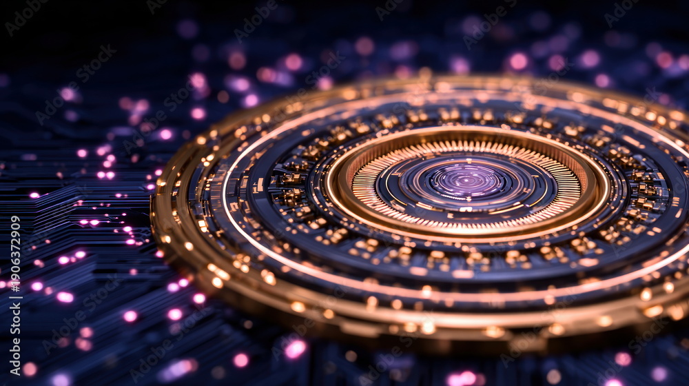 custom made wallpaper toronto digitalIntricate Gold Futuristic Circular Microchip Glowing with Purple Lights on Electronic Circuit Algorithmic Next Generation Technology Visualization with High Precision Advanced Silicon Geometry