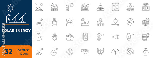 Solar Energy icon set. Containing Renewable Photovoltaic Technology, cells, innovation, battery, resource, generator and more. Editable Vector Line Icons Collection.