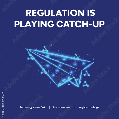 Glowing blue origami paper airplane made of interconnected lines and nodes, symbolizing rapid technological advancement outpacing regulation