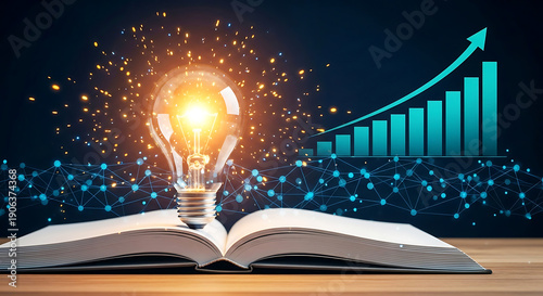 A glowing lightbulb sits atop an open book with a rising bar graph in the background