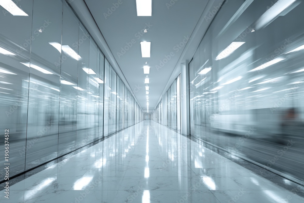Fototapeta premium A sleek, modern corridor with mirrored walls and bright lighting, creating a sense of depth and spaciousness.