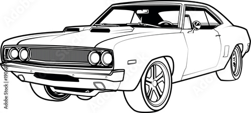 Side view vintage American muscle car vector in black outline. Retro sport automobile illustration isolated on white. Classic racing sketch for coloring book, t-shirt, logo.