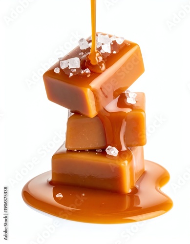 Sweet caramel cubes with salt melting, smooth sauce, and glossy surface create a delicious, tempting, gourmet treat for dessert or confectionery concepts.