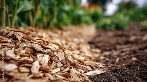Close-up of wood chips and dark soil in a garden bed with green leafy plants in the background