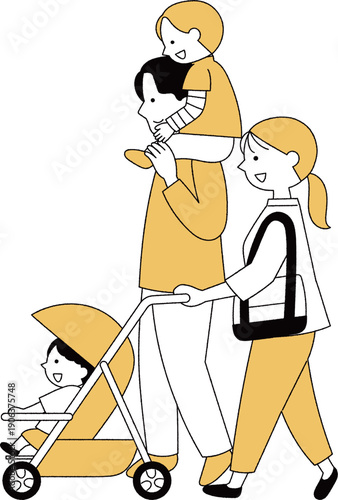 ベビーカーを押すママと家族単色