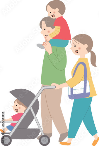 ベビーカーを押すママと家族