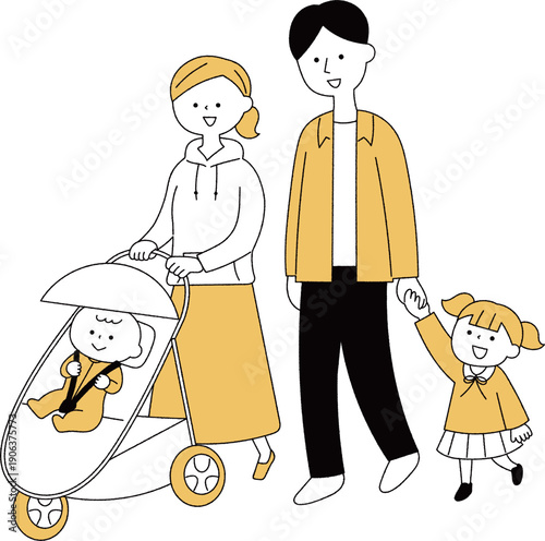ベビーカーを押すママと家族単色