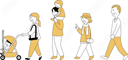 並んで歩く三世代家族単色