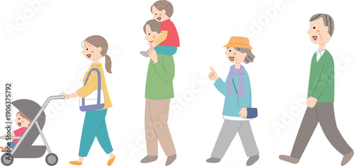 並んで歩く三世代家族