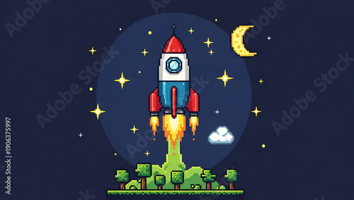 Wallpaper Mural Retro Pixel Art Rocket Blasting Off into the Night Sky Torontodigital.ca