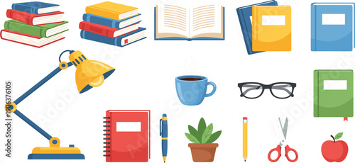 Education and Study Icon Set with Books, Notebook, Lamp, Coffee Cup, Stationery, Glasses, and School Supplies for Learning and Workspace Design