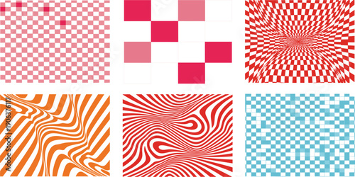 Abstract Geometric Pattern Set with Checkered Squares Wavy Lines Pixel Blocks and Optical Distortion for Modern Retro Background Vector Designs