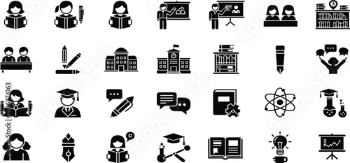 Education and Learning Solid Icon Set with Students, Teachers, School, Science, Books, Communication, and Academic Symbols for UI and Infographics