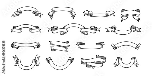 Set of hand drawn vintage scrolls ribbons banners, Drawing ribbons vintage banners, retro label and logo elements for design, vector illustration