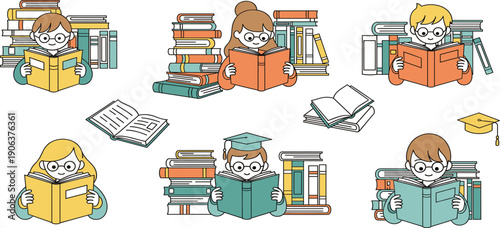 Cute Children Reading Books Illustration Set with Book Stacks Representing Education, Learning, Literacy, School Study, and Knowledge Development Concepts