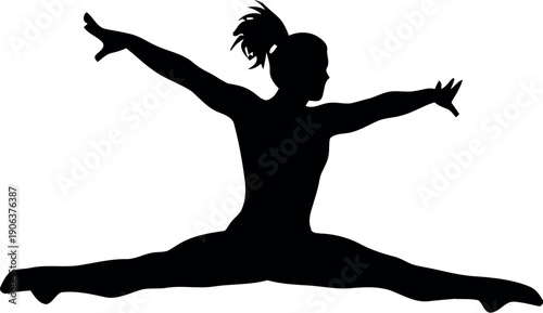 Silhouette of a gymnast performing a dynamic split leap in mid-air