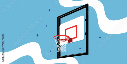 Basketball Hoop and Backboard Illustration with Red Rim, Net, Outdoor Sports Equipment Design, Minimal Athletic Background, and Professional Game Training Concept