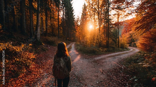A woman with a backpack standing at a fork in the road in a sunlit autumnal forest