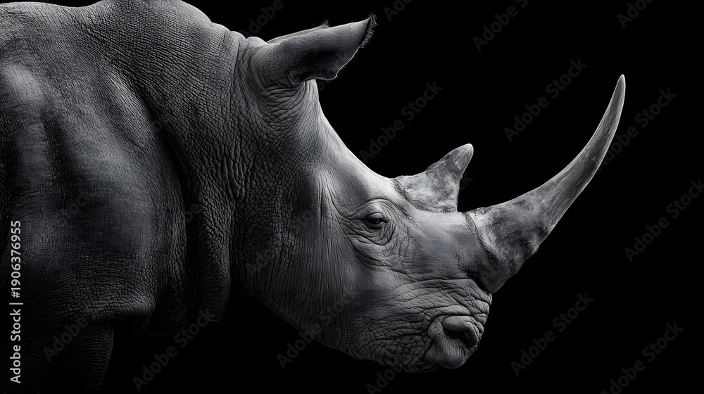 Fototapeta premium Monochromatic close-up of a majestic rhinoceros horn and head against a stark black background, highlighting its textured skin and powerful presence.