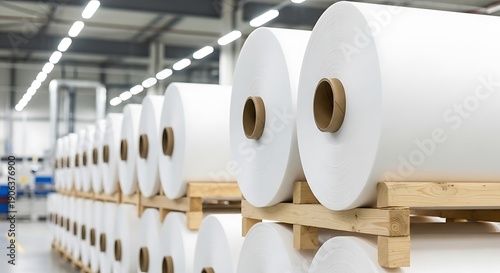 Large rolls of white paper stored in a warehouse, ready for industrial use and printing applications