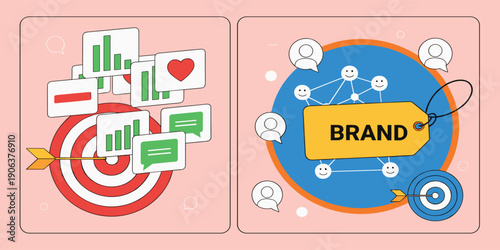 Brand Strategy and Target Marketing Illustration with Analytics Feedback Network Engagement and Goal Achievement Concept for Digital Branding and Business Growth Design