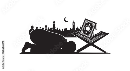 Muslim man reading Quran during Ramadan night with mosque silhouette