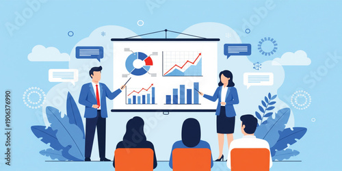 Business Analytics Presentation Concept Illustration with Data Charts, Graph Reports, Team Meeting, Corporate Strategy Discussion, and Professional Financial Performance Analysis