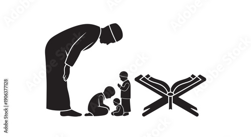 Family praying together with open holy book in a minimalist silhouette style