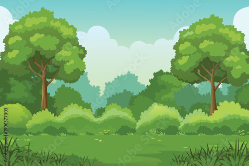 A vibrant landscape featuring lush green trees rolling hills and a clear