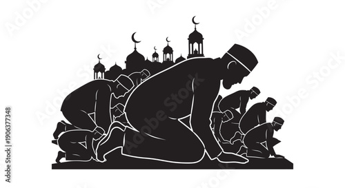 Muslim men praying together in congregation at mosque with crescent moon symbols