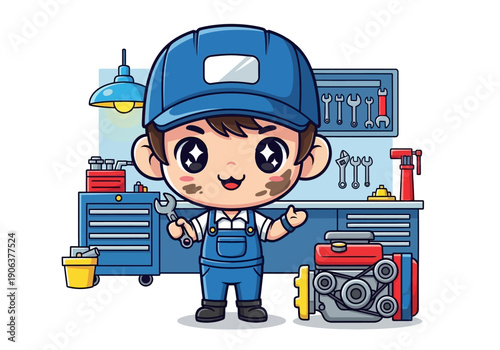 Mechanic working in a well-organized workshop with various tools and machinery