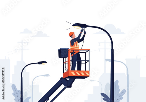 Maintenance worker repairing street lamp from elevated platform in urban environment